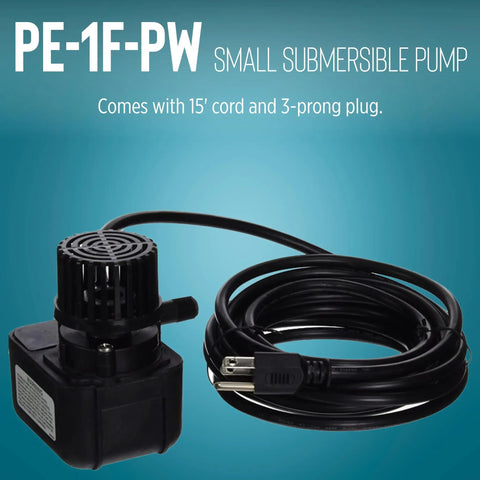 Submersible Direct Drive Fountain Pump 115V 170 GPH 1/125 HP with 15 Ft Cord, showing compact black corrosion-resistant design
