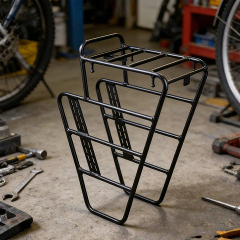 Gravel Bike Front Rack Carrier For Bikepacking, 15kg Load Capacity, Aluminum Alloy Front Cargo Rack in workshop setting