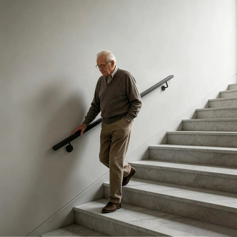 Wall Mount Stair Handrail Built Different with Heavy Duty Stainless Steel Coating In Sleek Black Finish for Humidity Proof Reliability Up to 200 Lbs Capacity for Smooth Indoor Setup installed and in use on staircase.