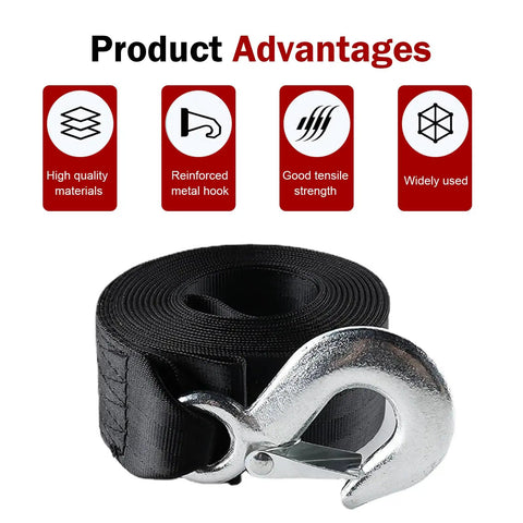Beefy 2 Inch Wide 20 Foot Winch Strap With Solid Hook, 10000 Lbs Tow Rope Built For Cars, ATVs, Jet Skis, Trailers And Wave Runners, Nylon Heavy Duty Universal Tow Strap For Towing And Bundling, black nylon strap with solid metal hook