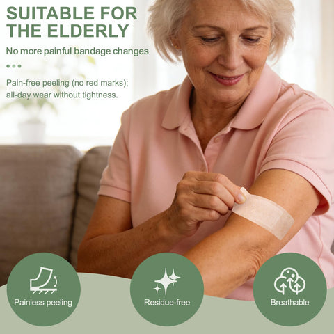 Elderly woman applying Silicone Adhesive Bandages For Fragile Skin 2x4 Inch XL Pack Of 20 on arm, highlighting gentle removal.