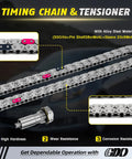 All In One Timing Chain Kit With VVT Sprocket For 2.4L Ecotec Engines Fit 2011 To 2017 Chevy Equinox Malibu Captiva Sport Orlando HHR Impala Cobalt 2.2L 2.4L Replace OEM 12588387 with alloy steel materials, tensioner close-up showing durability features.