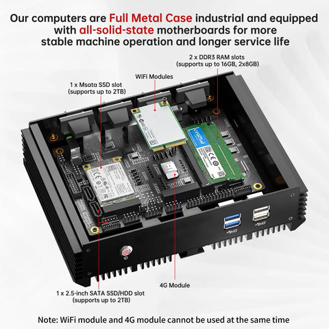Rugged Fanless Industrial Mini Pc Desktop With Intel Core I5 4200U, 8Gb Ram, 128Gb Ssd, And Windows 10 Pro showing internal components and slots.