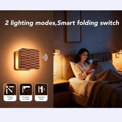 Wooden Magnetic Wall Sconce Night Light With Gravity Sensor on wall, glowing next to person reading in bed, dimmable light