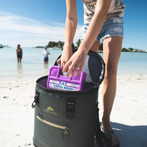 Heavy Duty X Large Reusable Ice Pack Weighs Five Pounds Ultra Cold Freezing Formula being placed in a cooler at the beach.