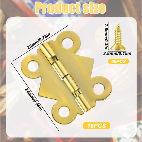 Stainless Steel Tiny Box Hinges 15 Piece Set With 60 Screws Vintage Gold Folding Cabinet Hinges in detailed view with dimensions.
