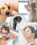 High Pressure Handheld Shower Head For RV With Hose And One Touch On Off Stop Button Detachable Shower Head With Adjustable Holder Easy Water Control Black in use for people and pet.