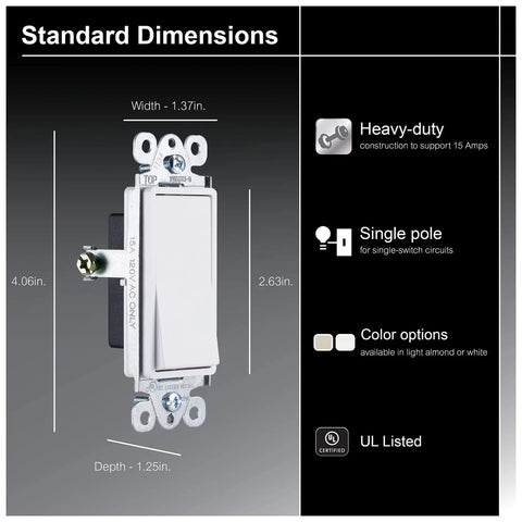Paddle Rocker Single Pole Light Switch Replacement For Lights And Ceiling Fans On Off Grounding UL Listed White Easy Install Durable Ideal For DIY Repairs And Upgrades shown with dimensions and features.