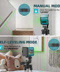 Cross Line Laser Level With Self Leveling And Manual Mode 360 Degree Rotating Green Beam IP54 Waterproof on tripod indoors