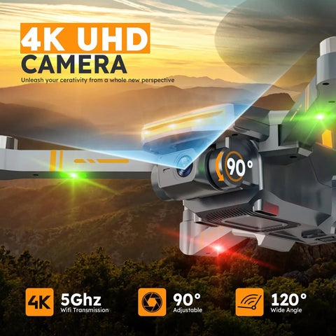 Close-up of 4K GPS Drone With Brushless Motors And Follow Me Mode highlighting 4K UHD camera with wide-angle lens.