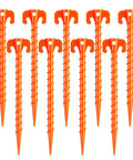 Hold It Down Easy 15 Pack Plastic Spiral Tent Stakes 10 Inch Heavy Duty Screw In Sand Anchors Windproof Ground Pegs in orange color.