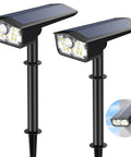 Motion Sensor Solar Powered Outdoor Flood Lights No Fuss 2 Pack With 3 Modes IP67 Waterproof LED Landscape Spotlights shown