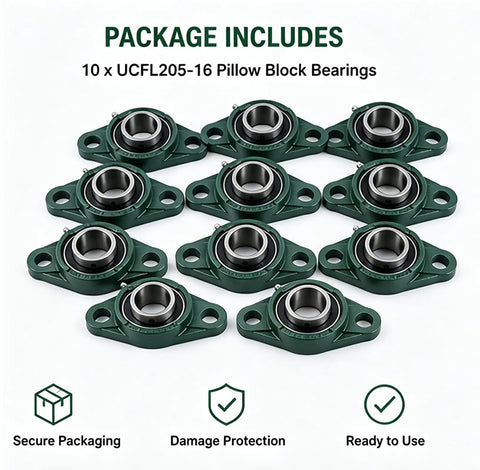 Ten Piece Set Heavy Duty Cast Iron Pillow Block Bearings 1 Inch Bore Two Bolt Flange Replacement For UCFL20516 Fits Farms Conveyors Garage Doors Manufacturing Systems Superior Vibration Resistance Long Last Performance For Workhorse Tasks.