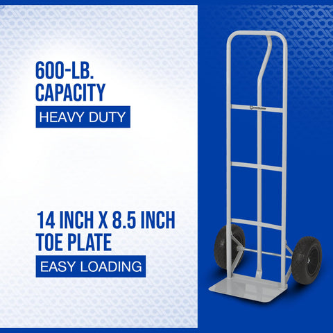 Heavy Duty Steel Hand Truck With 600 Pound Capacity And 10 Inch Flat Free Tires, P Style Handle, 14 Inch Wide Toe Plate, Red Metallic Finish