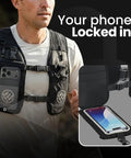 Hydration Running Vest With 8 Pockets And 17 Oz Flask For Men And Women, showing secure phone holder in use, black color.