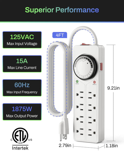 8 Outlet Surge Protector With Mechanical Timer And 4 Timed And 4 Always On Outlets, ETL Listed, 1875W Power Strip, 4ft Cord
