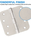 Three Pack Four Inch Brushed Nickel Door Hinges For Interior Cabinets Drawers And Furniture Featuring Smooth Roll Action Rounded Edge Build Heavy Duty Plain Bearing Hardware With Zero Hassle Setup close-up on hinge with smooth finish and pre-drilled holes