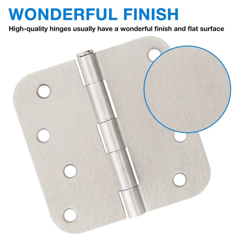 Three Pack Four Inch Brushed Nickel Door Hinges For Interior Cabinets Drawers And Furniture Featuring Smooth Roll Action Rounded Edge Build Heavy Duty Plain Bearing Hardware With Zero Hassle Setup close-up on hinge with smooth finish and pre-drilled holes