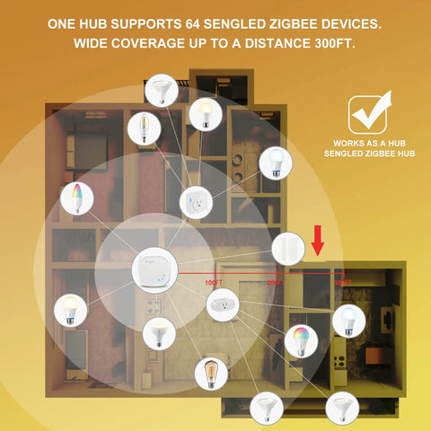 Diagram showing a network of devices with Zigbee hub supporting PAR38 3000K, Outdoor Motion Sensor Flood Light Bulbs for Driveways and Yards.