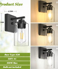 Modern Wall Sconces Set Of Two For Bathroom Vanity Killer Matte Black Finish With Clear Glass Shades showcasing sizes and light output.