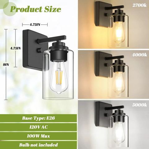 Modern Wall Sconces Set Of Two For Bathroom Vanity Killer Matte Black Finish With Clear Glass Shades showcasing sizes and light output.