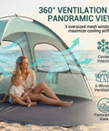 Mint Green Beach Tent With Anti UV Sun Shade Portable 3 Person Shelter Extendable Floor 3 Ventilating Mesh Windows UPF 50