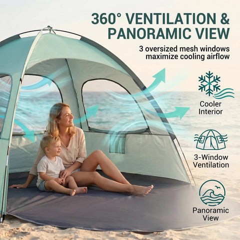 Mint Green Beach Tent With Anti UV Sun Shade Portable 3 Person Shelter Extendable Floor 3 Ventilating Mesh Windows UPF 50