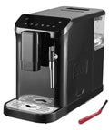 Front view of automatic espresso machine with built in grinder, 20 bar pressure, frother steam wand, 1.5L water tank, barista-grade auto brew.