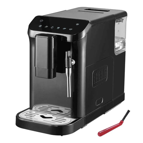 Front view of automatic espresso machine with built in grinder, 20 bar pressure, frother steam wand, 1.5L water tank, barista-grade auto brew.