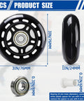 Detailed view of 8 pack 76mm 84A inline skate wheels with ABEC 7 bearings, black, showing dimensions and profile