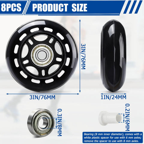 Detailed view of 8 pack 76mm 84A inline skate wheels with ABEC 7 bearings, black, showing dimensions and profile