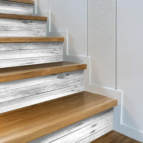 14 Piece Peel And Stick Stair Risers Self Adhesive Vinyl Stickers With Faux Weathered Rustic Wood Look For Easy DIY Staircase Makeover