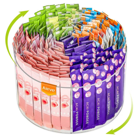 Drink Packet Organizer With 360 Degree Lazy Susan Turntable For Hydration Packets And Water Flavor Mixes, filled with packets