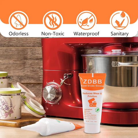 Food Grade Lubricant for Kitchen Gear and Home Appliances displayed with stand mixer, 1 oz PTFE grease tube