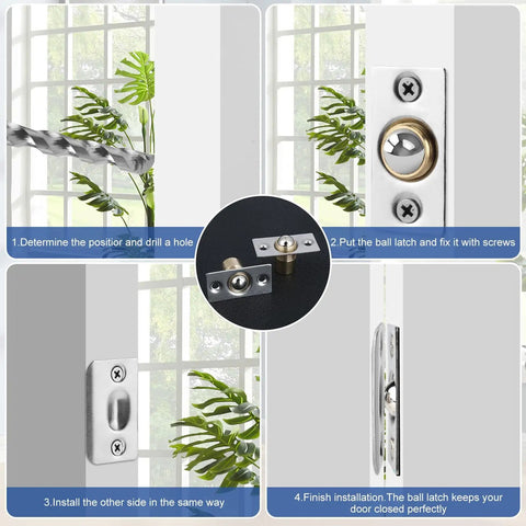 Installation steps for Heavy Duty Ball Catch Latch Set For Top Of Doors And Closets, All Metal Construction with screws
