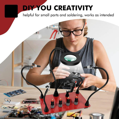 Person using Pro Soldering Helping Hands Station With Magnetic Third Hand, 3X Magnifier Lamp, Four Arms for precise assembly