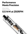 Illustration of Mini Electric Screwdriver Kit With 56 Bits showing internal mechanisms with 0.5 Nm torque at 250 RPM