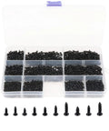 No Sweat Heavy Duty Black Carbon Steel Self Tapping Screws Assortment Kit With Smooth Round Pan Heads displayed in storage box.