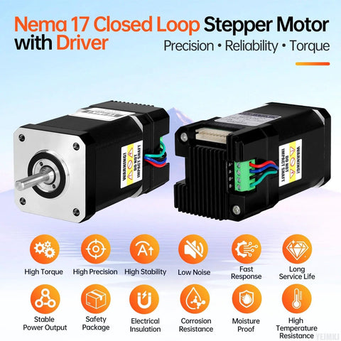 Two black Nema 17 closed-loop stepper motors with integrated drivers; front and side views with green terminal blocks.