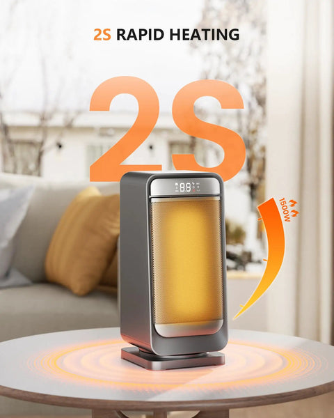 Cozy 1500W Space Heater With Remote, Portable Electric Heater, shown heating room quickly on a table indoors.
