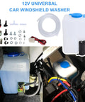 Universal Windshield Washer Pump Reservoir Kit 12V with fluid tank and pump, components, and installation view in cars, trucks, SUVs.