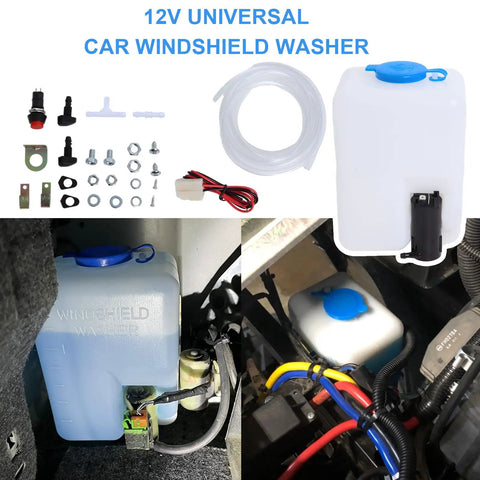 Universal Windshield Washer Pump Reservoir Kit 12V with fluid tank and pump, components, and installation view in cars, trucks, SUVs.