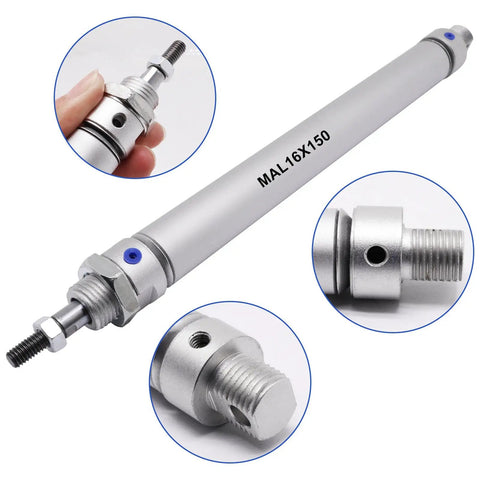 Close-up images of the Mini Pneumatic Cylinder 16mm Bore 150mm Stroke Double Acting With Y Connector And Two Pneumatic Quick Fittings MAL16x150