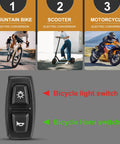 2 In 1 Bike Headlight And Horn Switch For 22.2mm Handlebars Waterproof 3 Pin Design ABS Housing Fits E Bikes Scooters And Electric Vehicles For Safer Outdoor Riding And Total Ride Ready Control shown with icons for bike, scooter, and motorcycle.