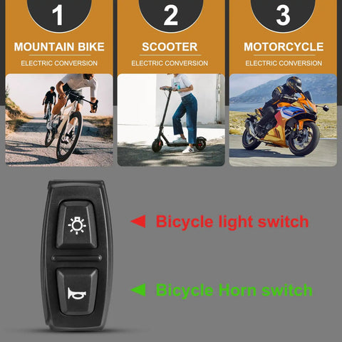 2 In 1 Bike Headlight And Horn Switch For 22.2mm Handlebars Waterproof 3 Pin Design ABS Housing Fits E Bikes Scooters And Electric Vehicles For Safer Outdoor Riding And Total Ride Ready Control shown with icons for bike, scooter, and motorcycle.