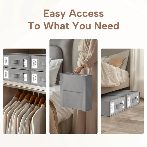 Six Pack Foldable Bed Sheet Organizer Boxes For Linen Closet Storage with clear window and label slot, gray color in bedroom setting.