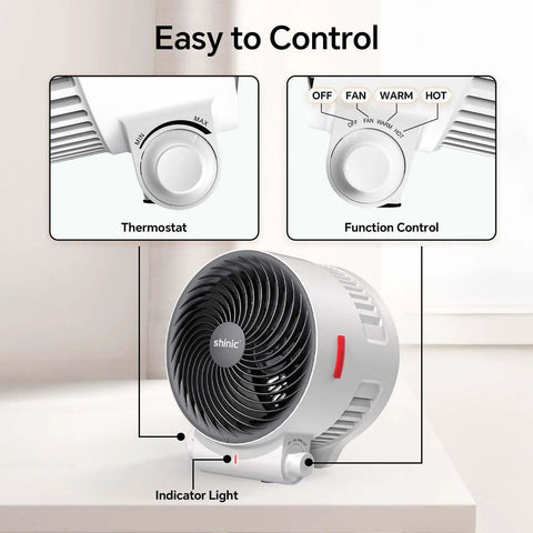 Front view of 2 In 1 Heater And Fan Combo 1500W Turbo Ceramic Space Heater With 3 Modes, adjustable thermostat on table
