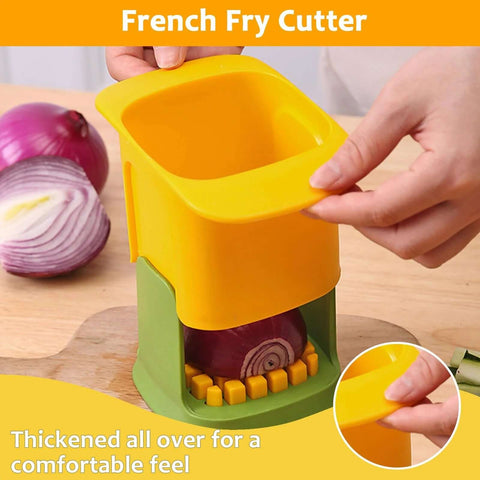 French fry cutter handheld vegetable chopper, yellow and green plastic body, hand-press, two onions visible.