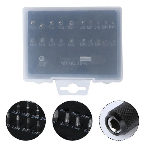 Ultimate 22-Piece Damaged Screw Extractor Kit Made Of Hss High-Speed Steel To Easily Remove Stripped Bolts With Extension Bit Holder And Socket Adapter For Electric Hand Drills On The Job., 22-piece HSS screw extractor kit in case with bit holder and socket adapter