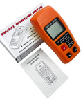 Pro Grade Wood Moisture Meter Digital Humidity Tester For Timber With Four Modes A And B Teak Walnut Afrormosia White Poplar Large LCD Display Orange Case Delivers 0 To 99.9 Percent Moisture Reading With Less Than 0.5 Percent Accuracy on packaging and guide.
